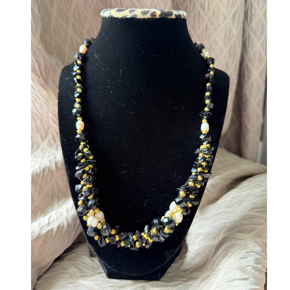 90s Vintage Black Gold Pearly Cluster Matinee Statement Necklace Party Chunky